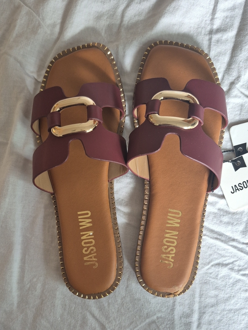 Nwt Jason Wu Burgundy Slide Sandals with Gold-Tone Buckle